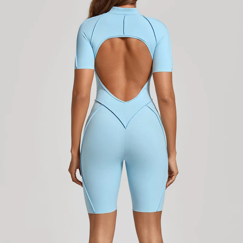 Women's Short-Sleeve Zip-Front Open-Back Workout Playsuit