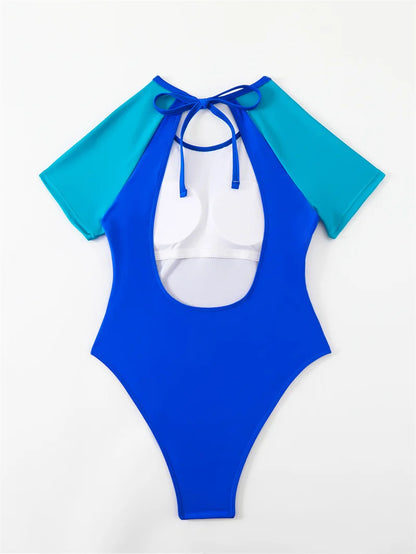 Patchwork Short Sleeve One Piece Swimsuit Swimwear for Women Hollow Out Bathing Suit Backless Monokini