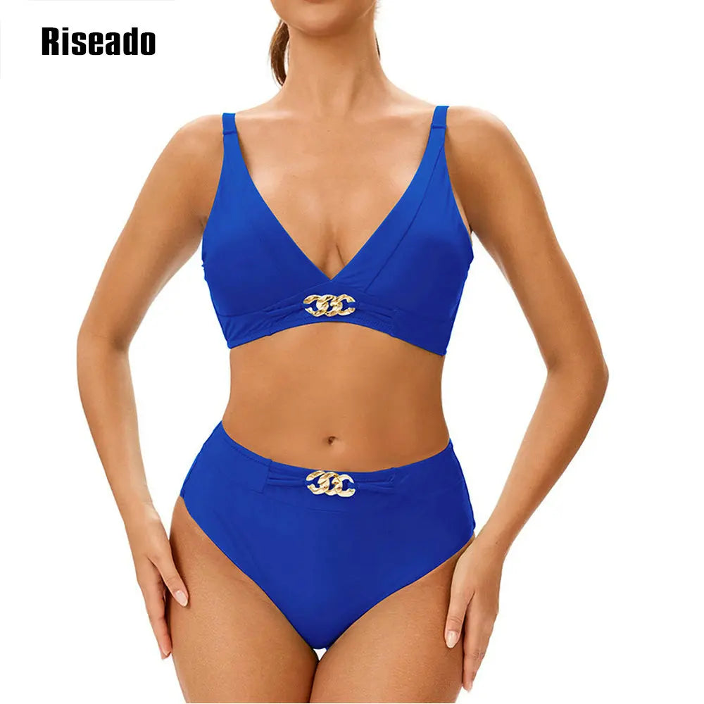 Solid Black High Waist Bikini Sets Swimsuit For Women V-neck Tank Two Pieces Swimwear