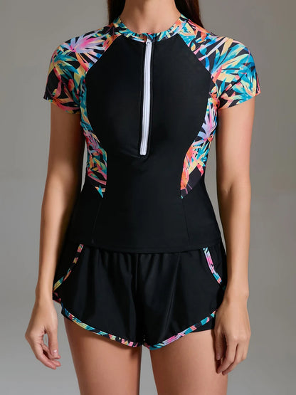 Women Sporty Swimsuit Two Piece Zipper Print Swimwear Female Surfing Diving Clothes Bathers Bathing Swimming Swim Suit