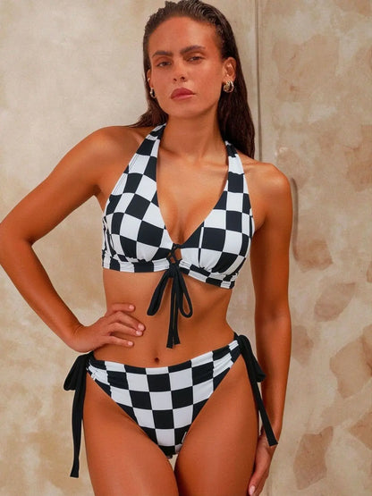 High Waist Two Piece Swimsuit Black And White Grids Women's Bikini Swimwear with Rope Hanging Neck Cross-Border