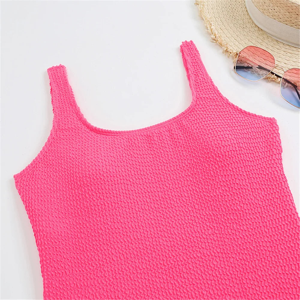 Fluorescent Crinkle Cloth Swimsuit for Women, Special Fabric Bikini, Candy Color, European and American
