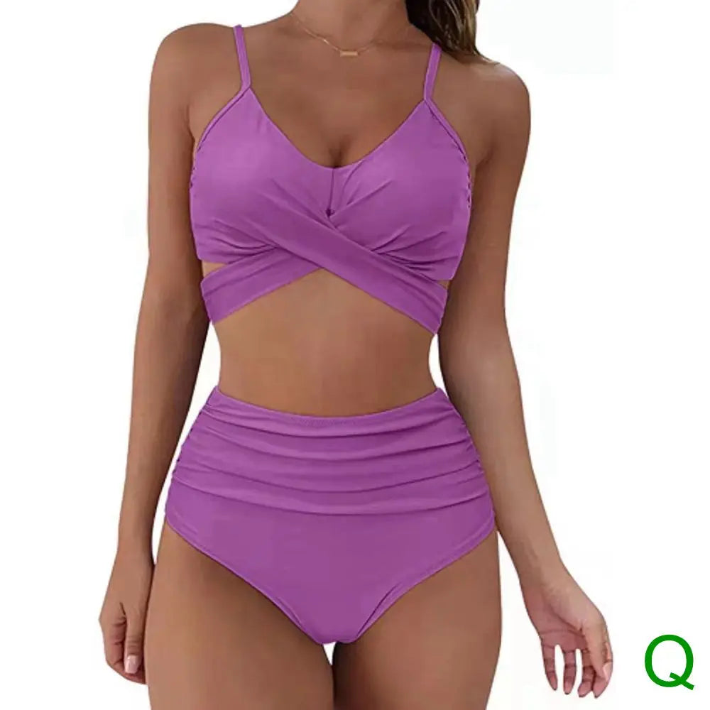 Bikini Two Piece Suit Cross Front Slim High Waisted Bottom Solid/Print Breathable Quick Drying Beachwear
