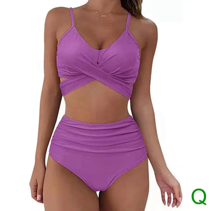 Bikini Two Piece Suit Cross Front Slim High Waisted Bottom Solid/Print Breathable Quick Drying Beachwear