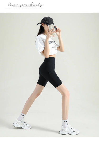 BIVIGAOS Summer New Cargo Pocket Shark Shorts Women's Sport Fitness Cycling Shorts High Waist Running Tight Biker Short Leggings