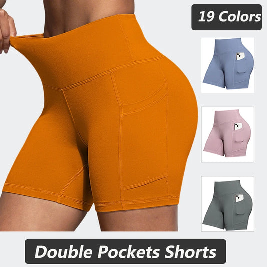 Women Yoga Shorts with Double Pockets Solid Color Elastic Cycling Tight Summer Outdoors Jogging Shorts 19 Colors Slim Activewear