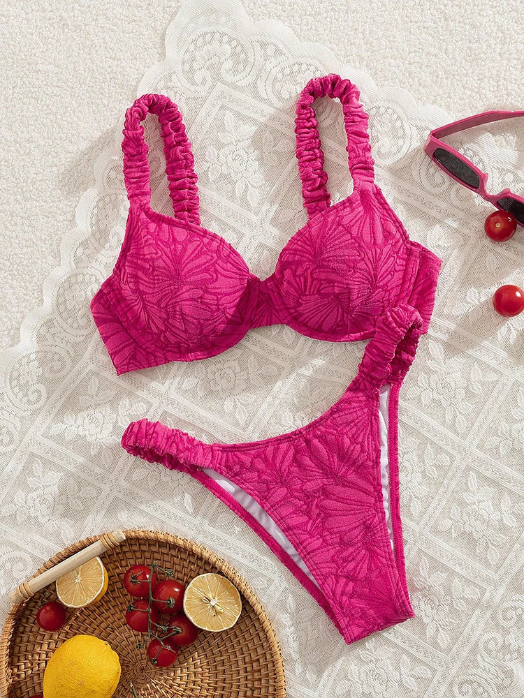 Rose Red Swimsuit Women Pleated Halter Beachwear Holiday Fashion Bikini Set Summer Female Two-piece Bathing Suit
