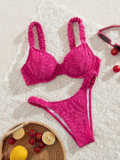 Rose Red Swimsuit Women Pleated Halter Beachwear Holiday Fashion Bikini Set Summer Female Two-piece Bathing Suit