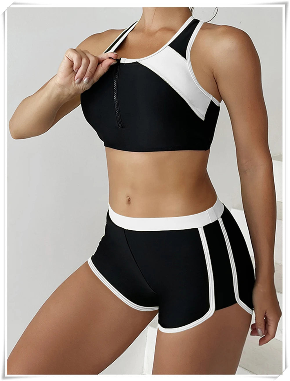 Two Piece Swimsuit Women Zipper Tankini Set High Waist Shorts Swimwear Female Bathing Swimming Suit Sports Beachwear Summer