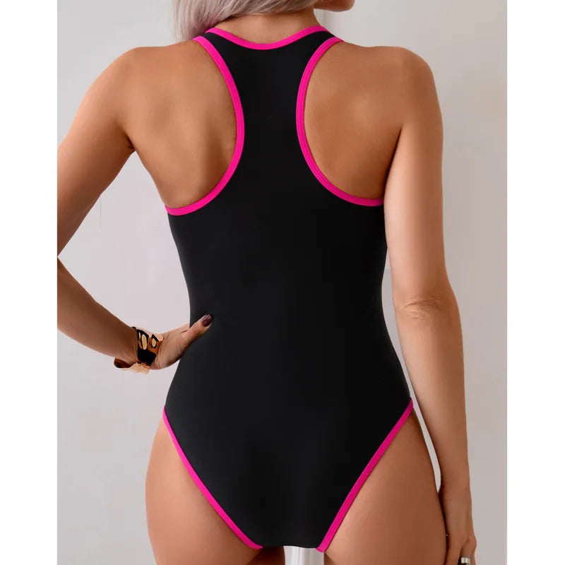 Black & Pink  Women's Zipper Swimsuits Closed One Piece Swimwear Sports Surfing Swim Wear Bodysuit Bathing Suits Beachwear Pool Bather