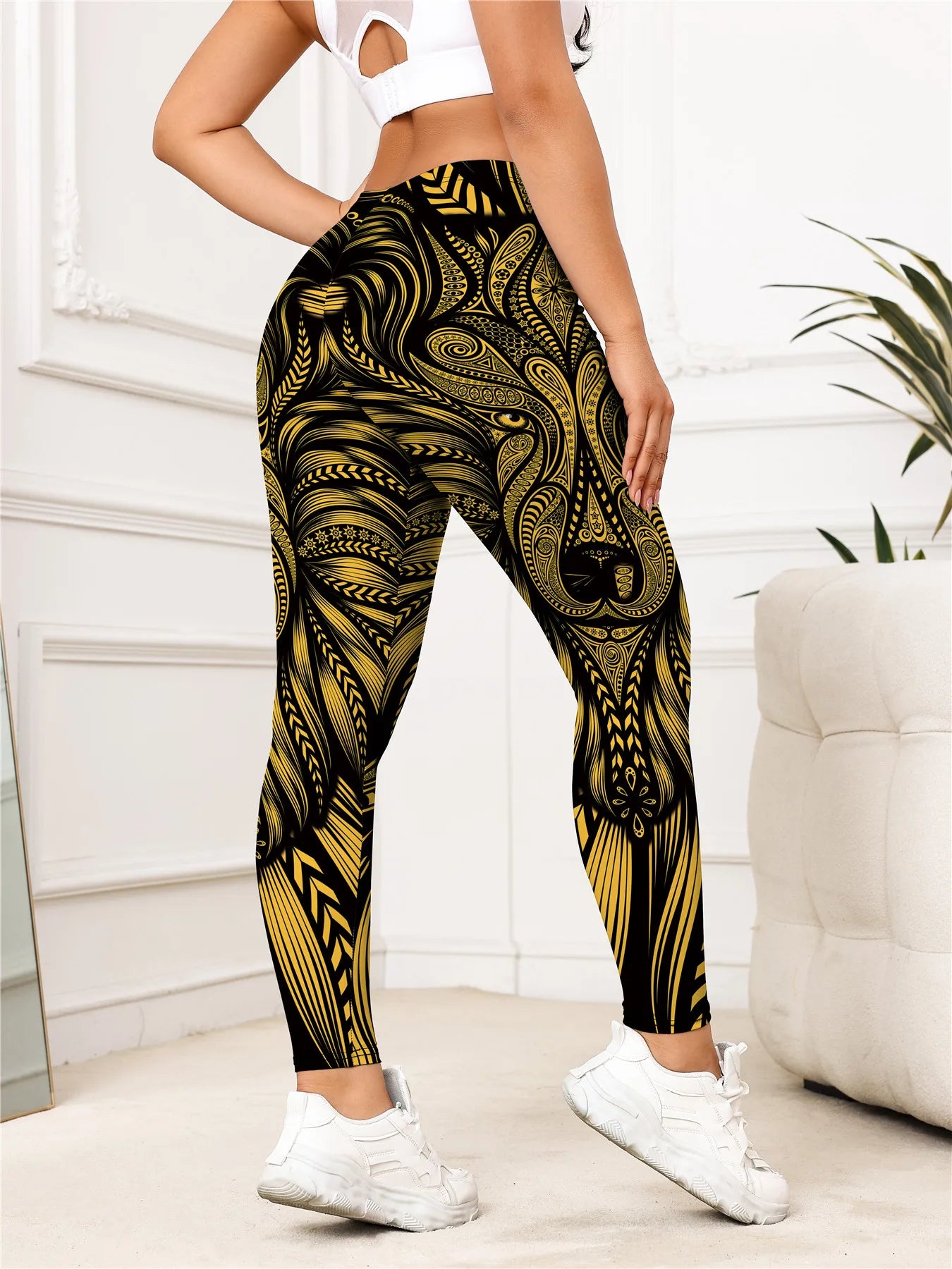 Women's Gold Lion Print High Waist Leggings – Buttery Soft Stretchy Yoga Pants for Workout, Running, and Casual Wear