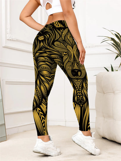 Women's Gold Lion Print High Waist Leggings – Buttery Soft Stretchy Yoga Pants for Workout, Running, and Casual Wear