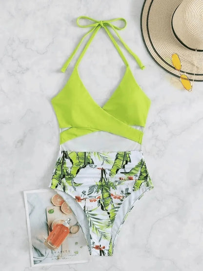 Halter Printed Swimwear Women One Piece Cross Front Swimsuit Female Bathers Bathing Swimming Suit High Cut Beachwear Summer
