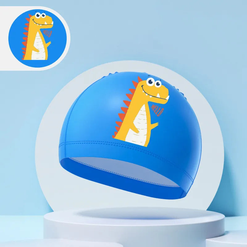 Children's Swimming Caps Boys Girls Kids Cartoon Swim Hat High Elastic Ear Protection PU Waterproof Swimming Cap