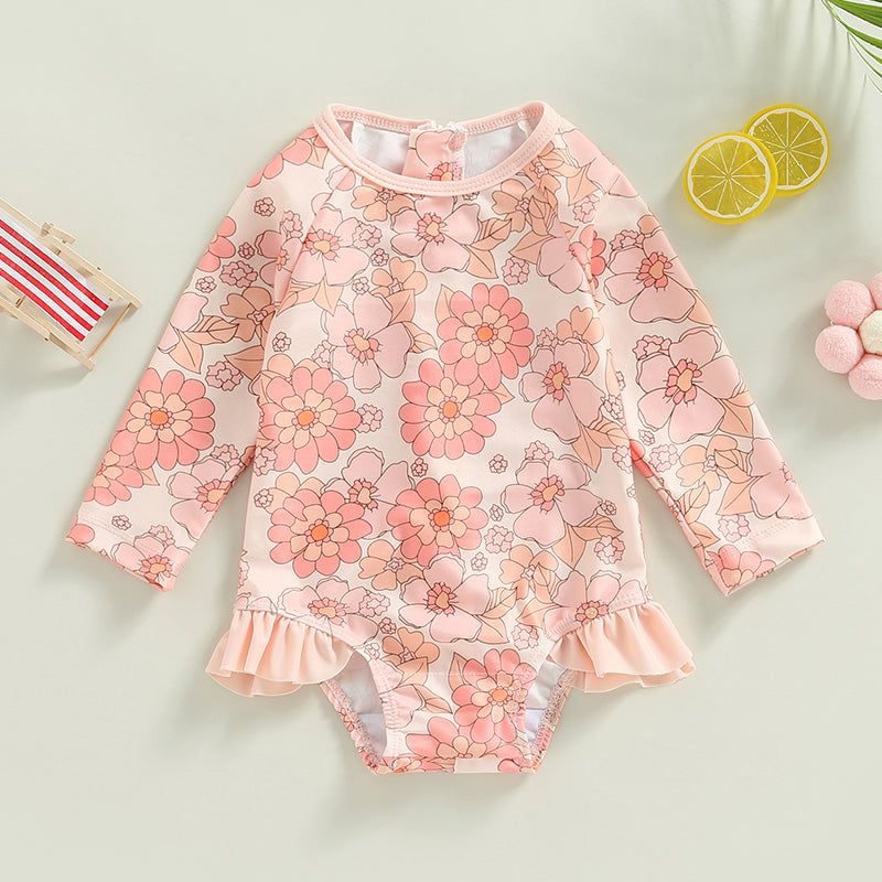 0-4Y Toddler Baby Girl Swimsuit Romper 4 Colors Flower Print Long Sleeve Ruffle Bikini Bathing Suit