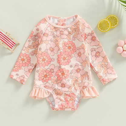 0-4Y Toddler Baby Girl Swimsuit Romper 4 Colors Flower Print Long Sleeve Ruffle Bikini Bathing Suit