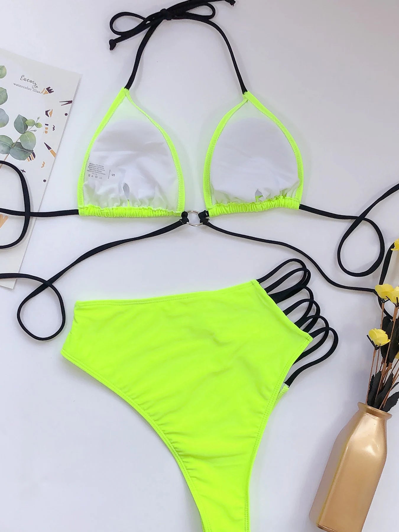 V Neck Print Hollow Bikini Set High Cut Halter Swimsuit For Women Backless Tied 2 Piece Swimwear Bathing Suit