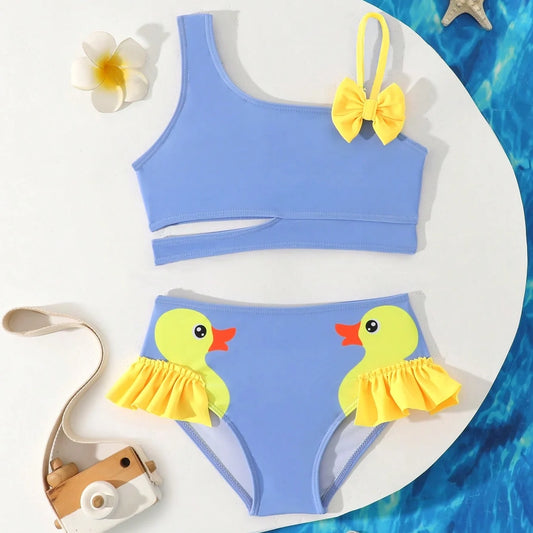 Little Girls Swimsuit High Waist Bikini Ruffle Swimwear Female Solid Children Bathing Swimming Swim Suit 4-7Y