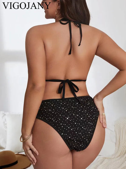 Black 3 Piece Mesh Smock Plus Size Bikini Set Women Tied Halter Push Up Big Swimsuit Backless Bathing Suit