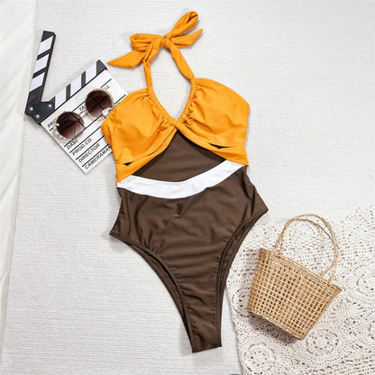 Splicing Cut Out Halter Women Swimwear One Piece Swimsuit Female Monokini High Cut Leg Padded Bather Bathing Suit Swim