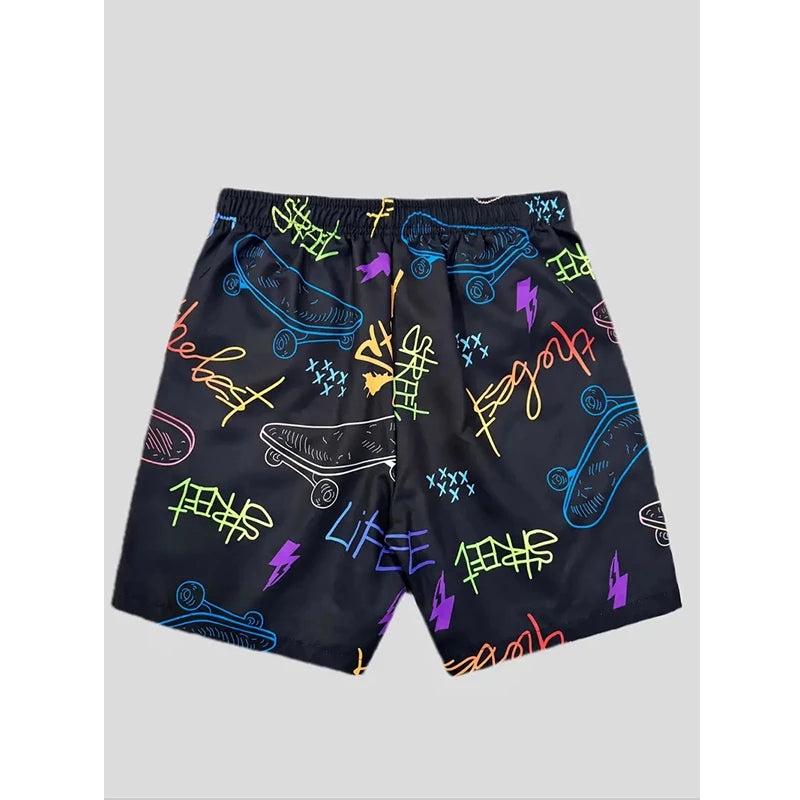 Vacation Men's Stripe Print Funny Drawstring Waist Board Shorts Summer Fashion Swim Trunks 3D Print Skateboard Shorts Streetwear