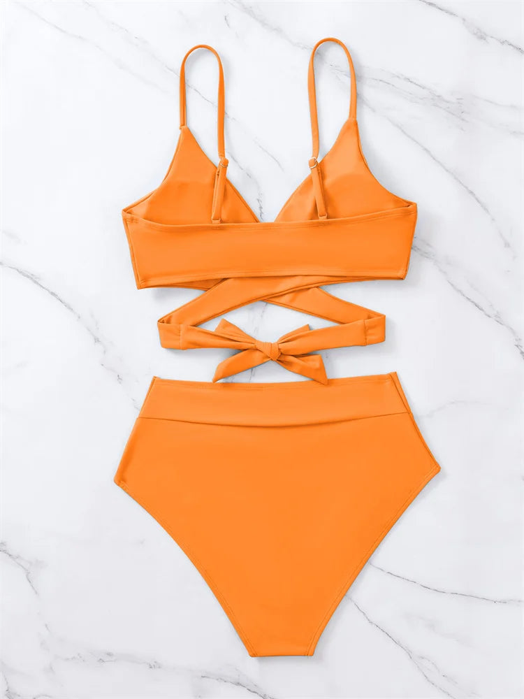 Solid Strapped Bikini Set Push UP Hollow Swimsuit Women Swimwear Biquinis High Waist Backless Bathing Suit