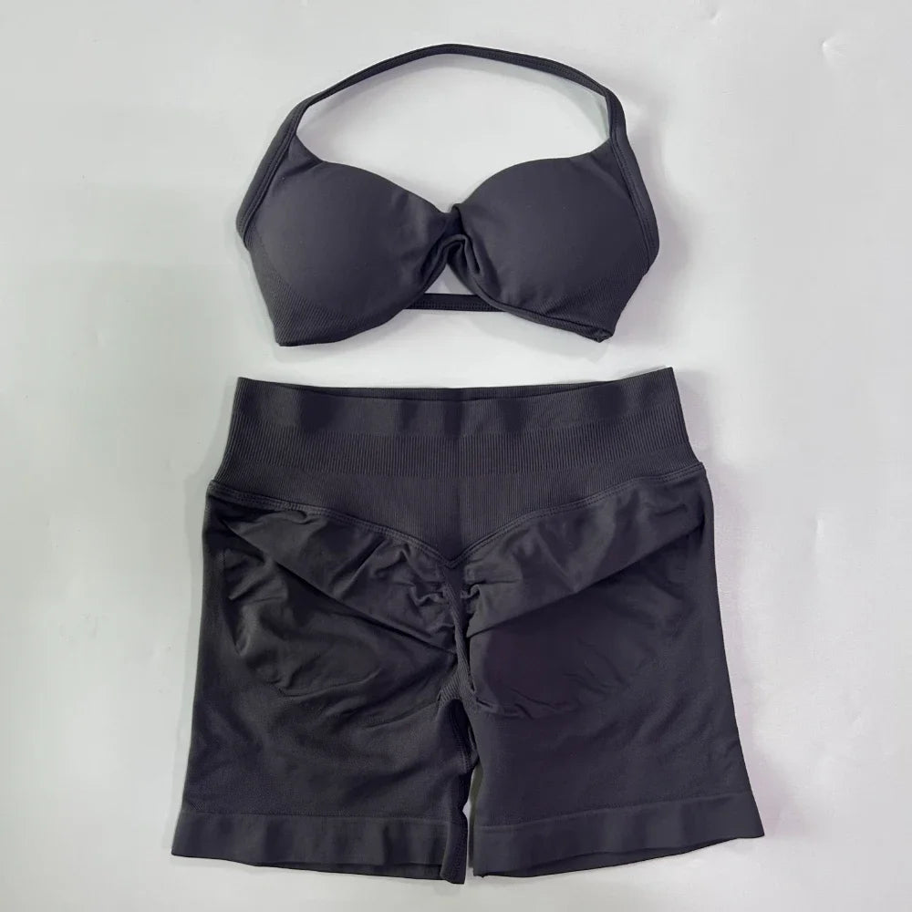 2PCS Gym Set Women Strappy Yoga Bra Top High Waist Workout Scrunch Shorts Sports Suit Seamless Yoga Set Fitness Clothes