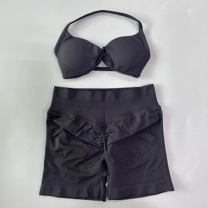 2PCS Gym Set Women Strappy Yoga Bra Top High Waist Workout Scrunch Shorts Sports Suit Seamless Yoga Set Fitness Clothes