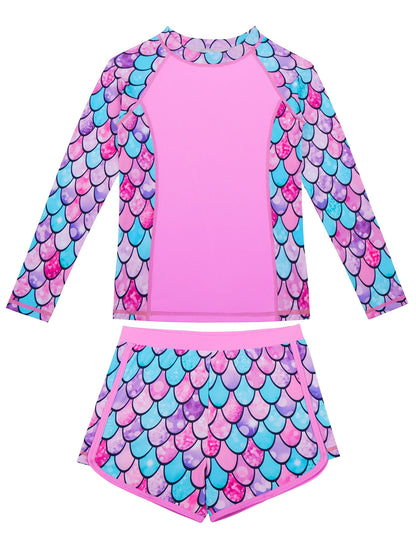 2-Piece Swimwear Kids Girl Long-Sleeved Swimsuit Scale Print Swimming Suit Beach Pool Tops & Boyleg Swim Shorts Summer Pink Sets