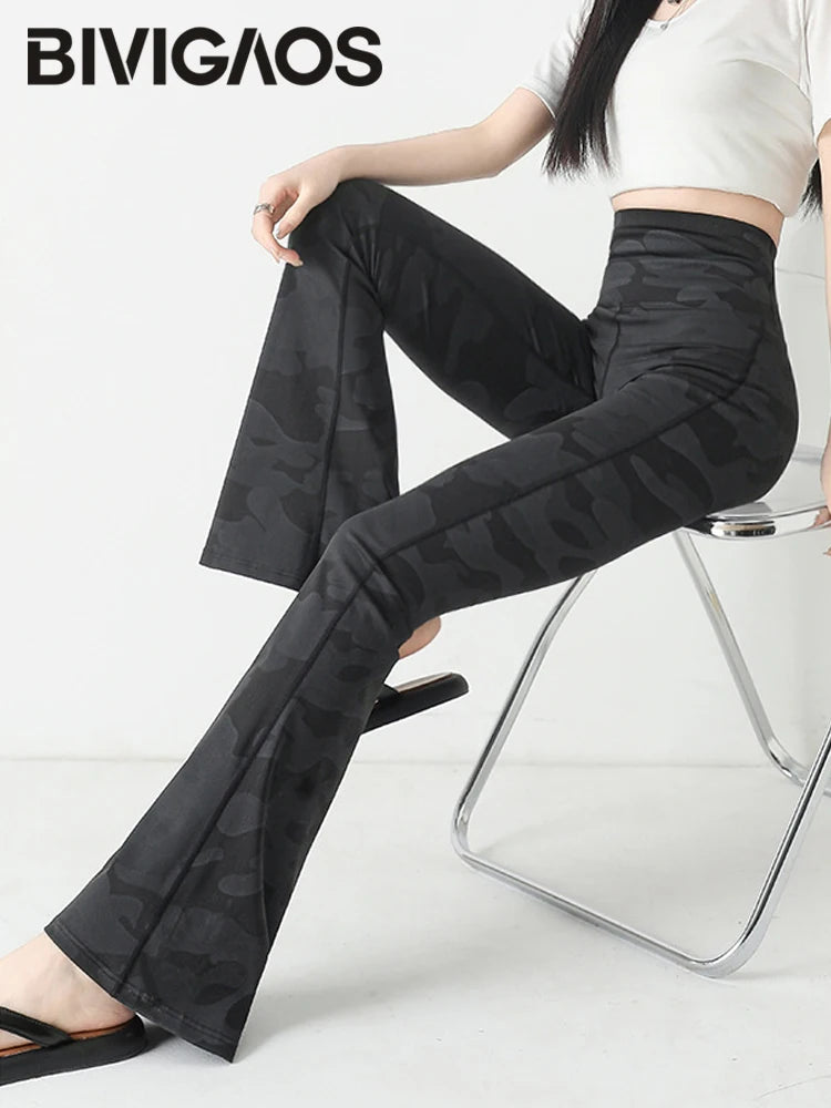 Spring/Summer Thin Camouflage Sharkskin Flared Leggings Women Fashion Tight Slimming Elastic Flared Pants