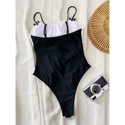 Splicing Cut Out Ribbed One Piece Swimsuit Women Swimwear Female High Leg Cut Padded Bather Bathing Suit Swim