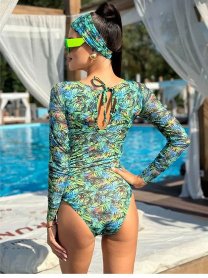 Mesh High Waist Swimsuit Women Summer Bathing Suit Bikini Set Long Sleeve Swimwear Beach Swimming Suit For Female