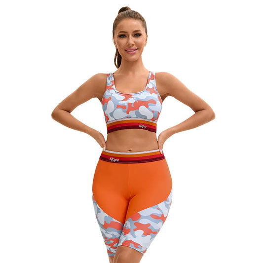 Women's Printed Sleeveless Sports Swimwear Set High-Waist Boy Shorts Conservative Split Suit Lady Swim Suit for Beach Wear