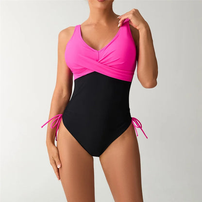 S - XXL Splicing V Neck Backless Women Swimwear One Piece Swimsuit Female High Leg Cut Padded Bather Bathing Suit Swim