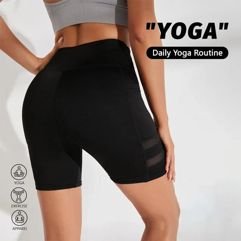 Yoga Pants, Pocket Shorts, Women's Casual Mesh Splicing Cycling Pants, High Waisted Fitness Pants, Sports Shorts