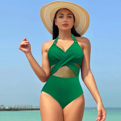 Fashion Style Mesh Tummy Solid Colours One Piece Swimwear Swimsuit