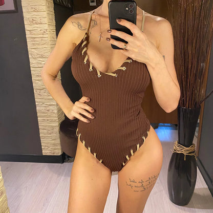 5 Colors V Neck Ribbed Cross Back One Piece Swimsuit Women Swimwear Female High Leg Cut Monokini  Bather Bathing Suit Swim