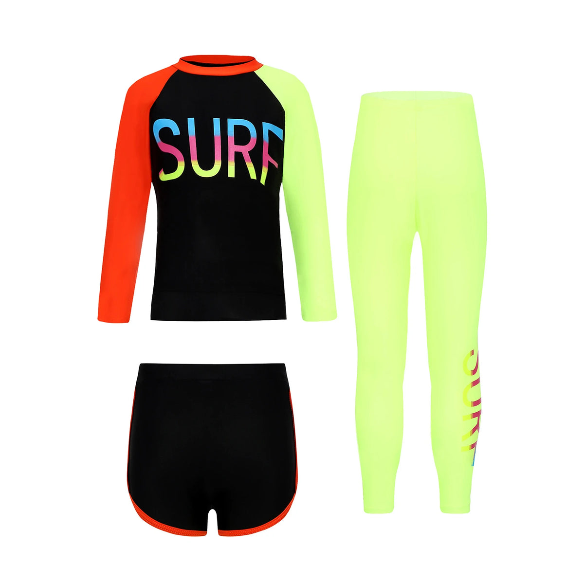 Kids' Three-Piece Long-Sleeve Rash Guard Set with Shorts & Pants