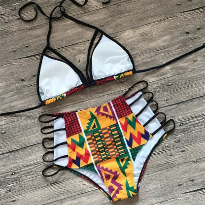 Bikini Women Swimsuit Swimwear High Waist Multi-rope Hollow Print Bikinis Set Bathing Suit Bikini Brasileno Taille Haute