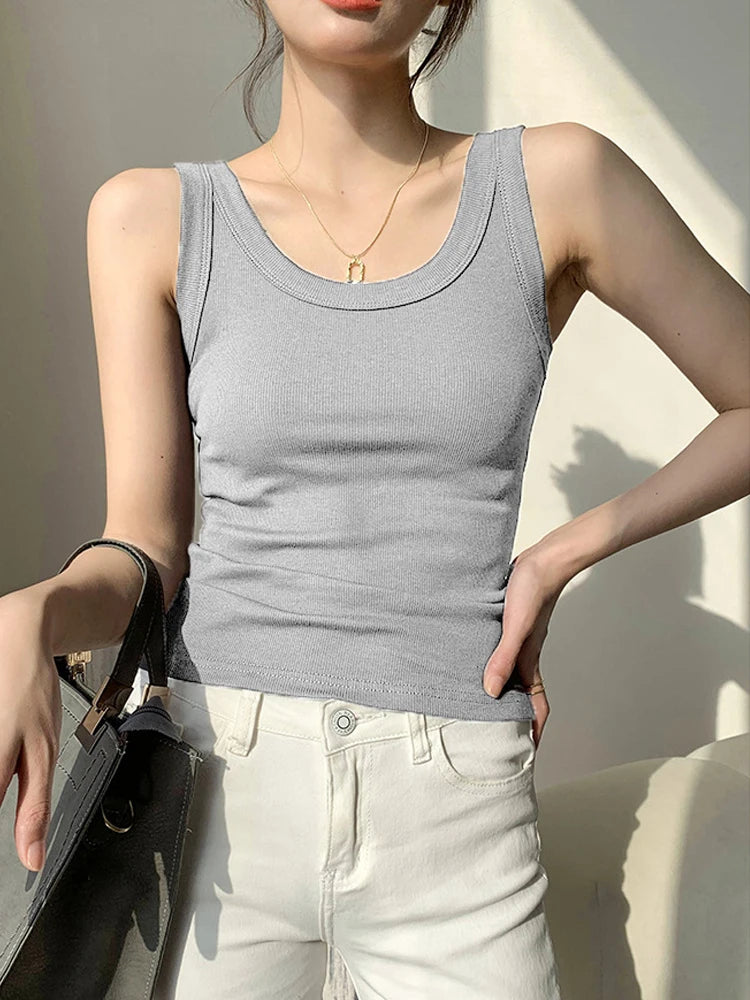 Knit Black Daily Wear Woman Vest Tank Tops Tight Ribbed Female Thick Straps Simple Casual Basic Fashion Summer Clothes