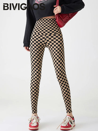 Checkerboard Plaid Shark Leggings Women High Waist Tight Slim Push Up Leggings Seamless Sports Fitness Leggings