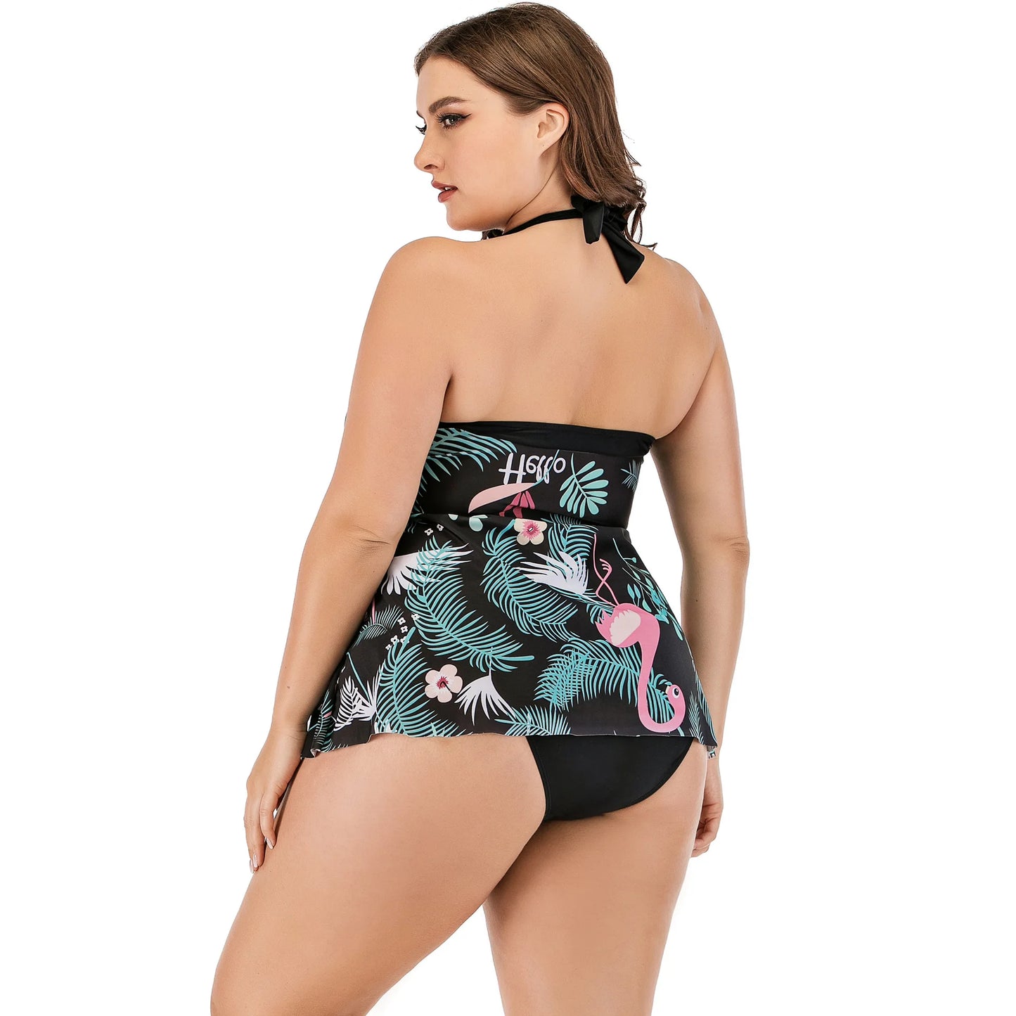 Flaming Tropical Print 2 Piece Plus Size Tankini Set Women Halter Curvy Dress Swimsuit High Waist Beach Lady Big Bathing Suit
