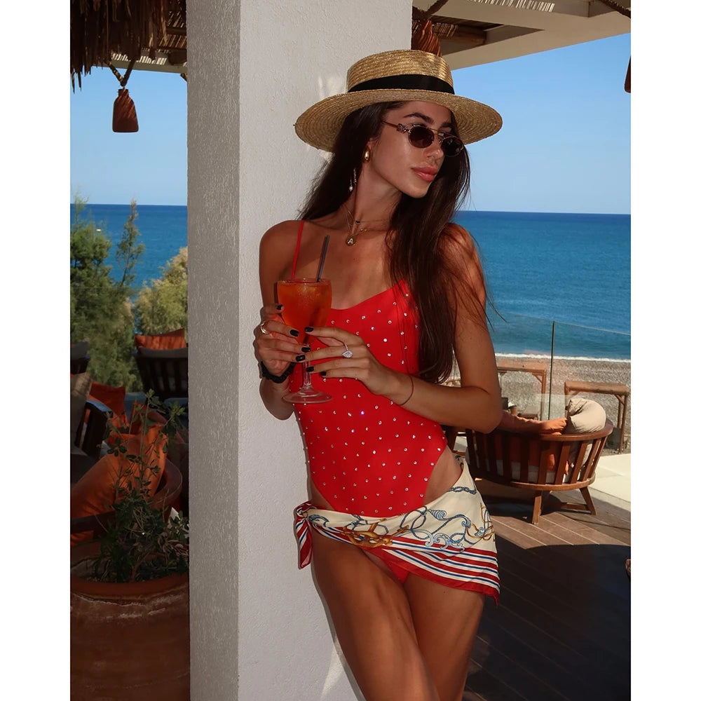 One piece Swimsuit For Women Swimwear Diamond Beachwear Female Swim Suit Backless Bodysuit Solid Bathing Suit Bathers