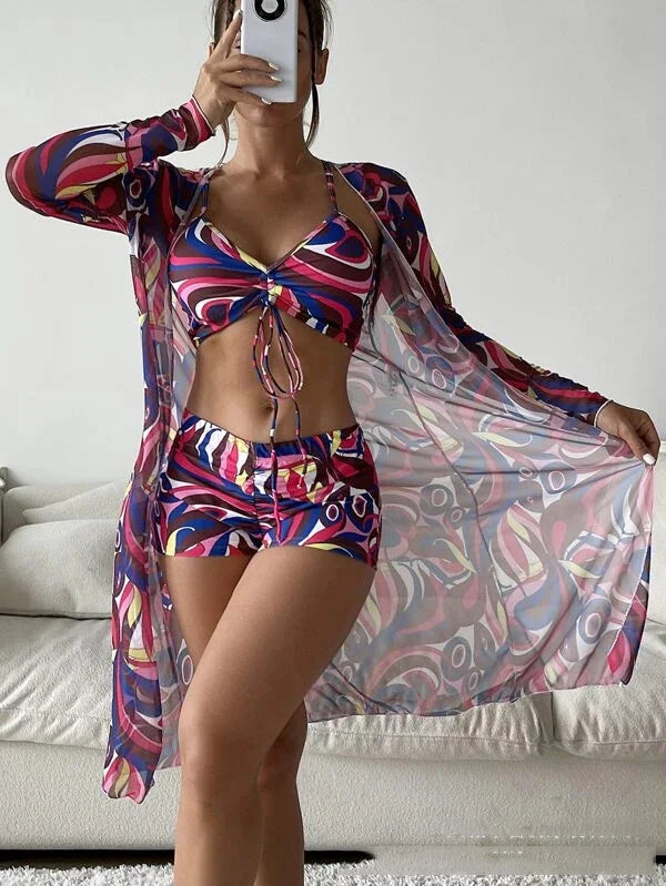 Summer Print Bikinis Swimwear Female Swimsuit Beachwear Push Up Three-Piece Bikini Set Women Swimming Bathing Suit