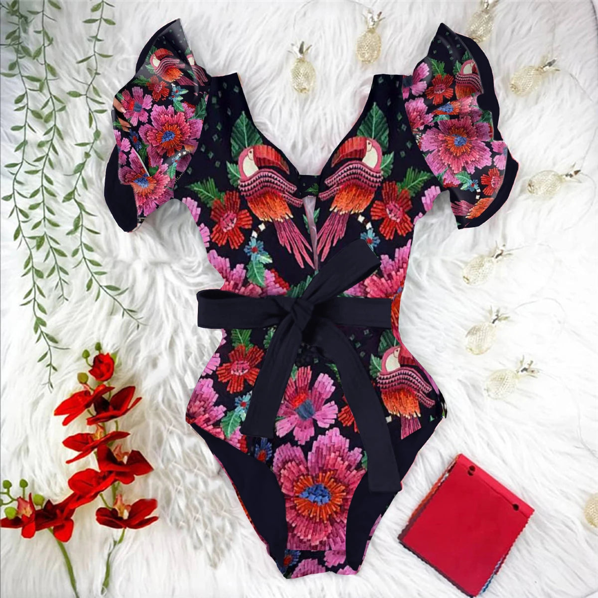 Ruffle Print Floral One Piece Strappy With Belt Swimwear Women Swimsuit Bathing Suit Backless Beachwear Monkini