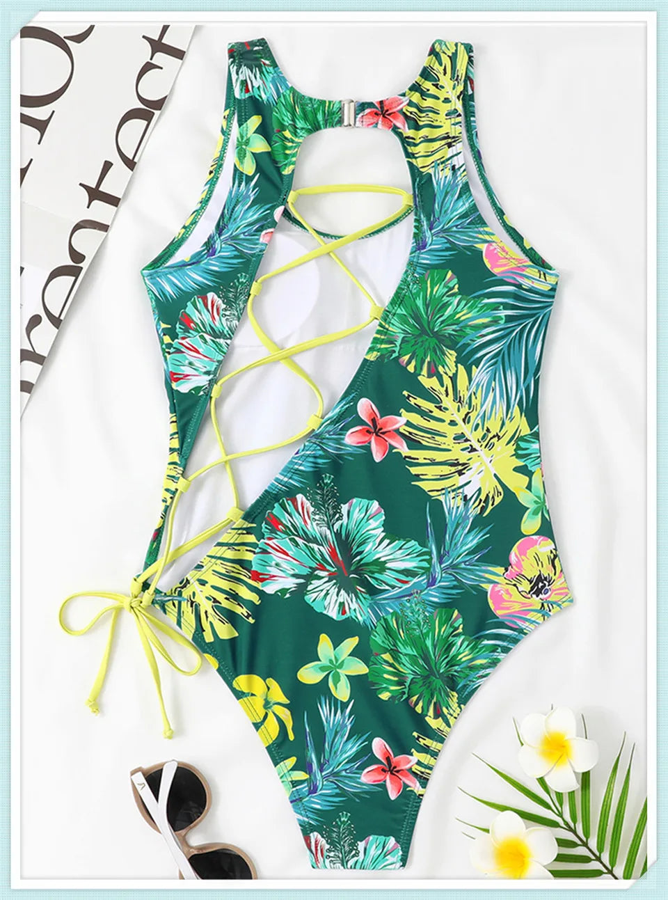 Lace Up Back Swimsuit One Piece Printed Swimwear Women Backless Bathing Swimming Suit Female Padded Beachwear Bodysuit