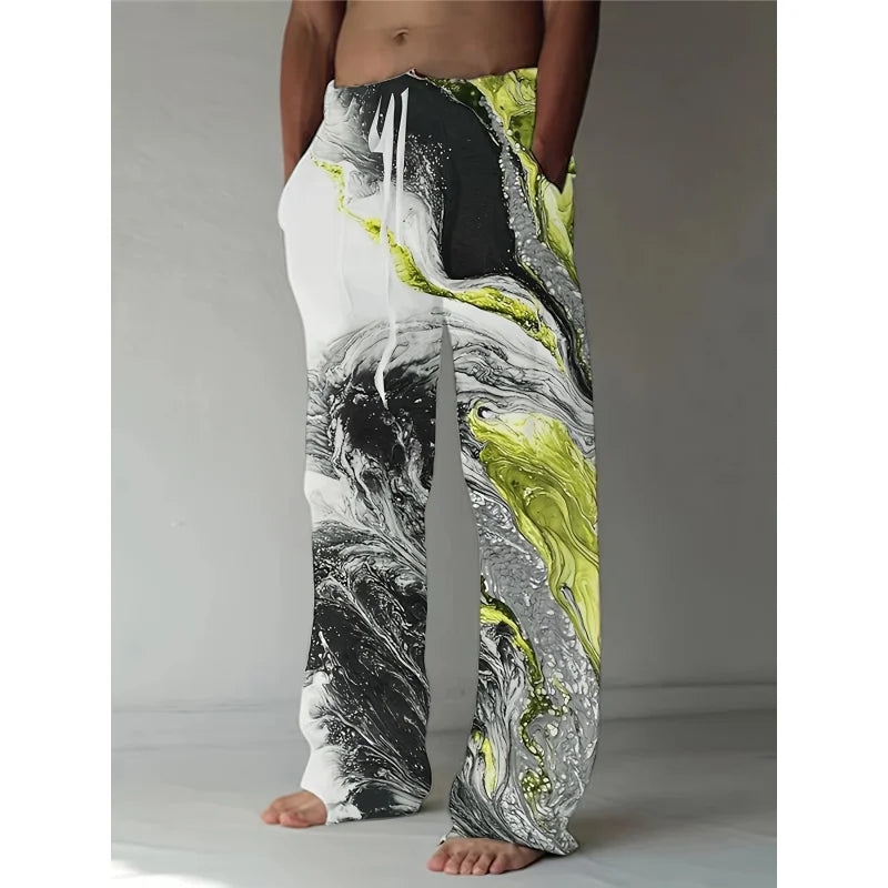 Men's Stylish Loose Pants Marble Graphic Print With Drawstring And Pockets For Spring Fall Outdoor Casual Pants