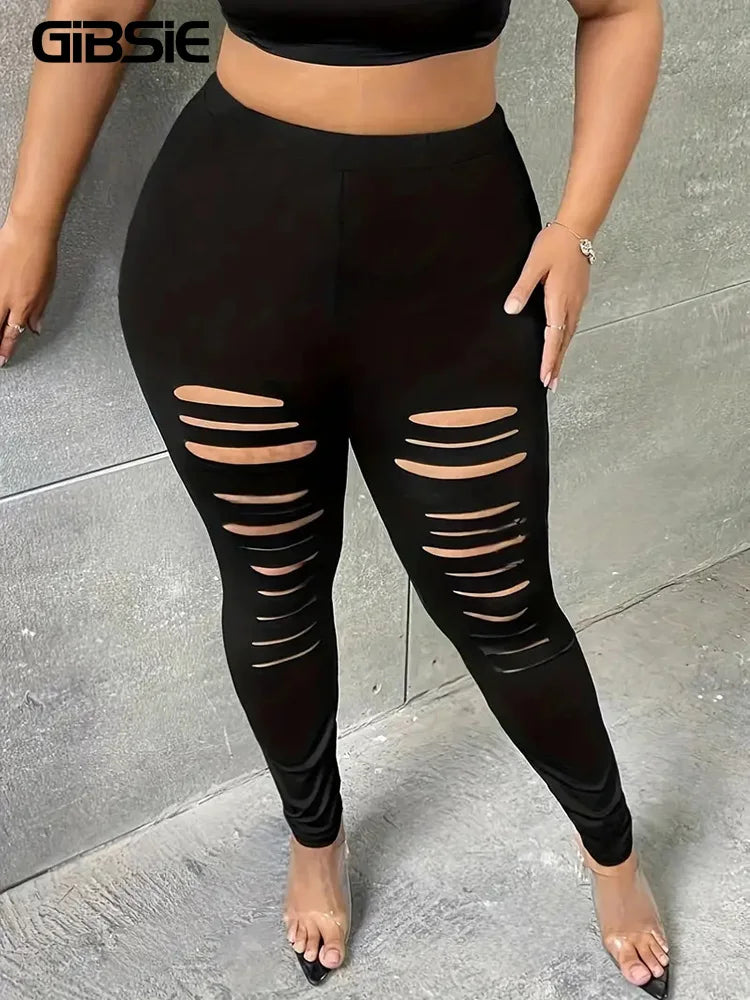 GIBSIE Plus Size Fashion Black Ripped Leggings For Women Spring Summer Street Casual Mid Waisted Stretch Slim Pencil Pants