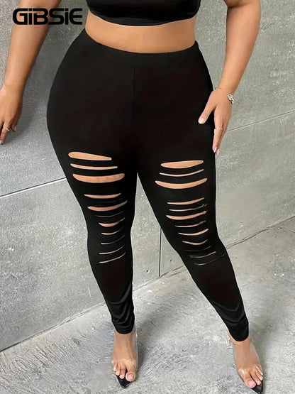 GIBSIE Plus Size Fashion Black Ripped Leggings For Women Spring Summer Street Casual Mid Waisted Stretch Slim Pencil Pants