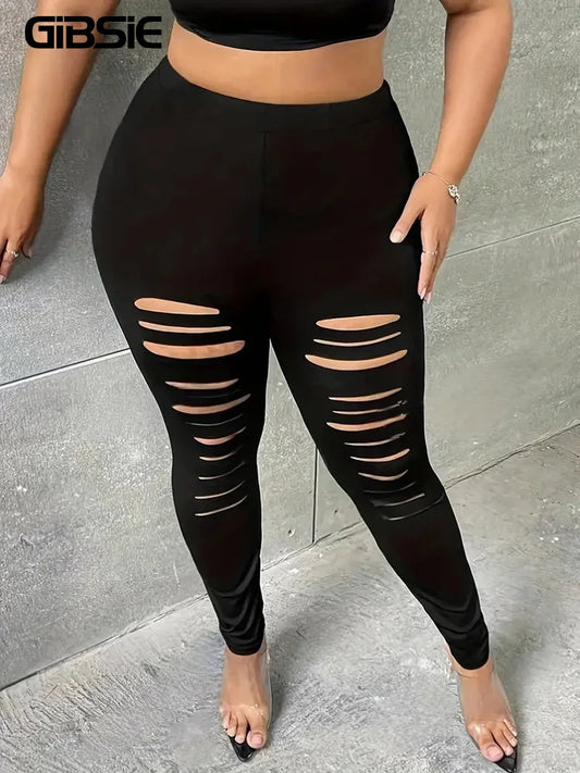 GIBSIE Plus Size Fashion Black Ripped Leggings For Women Spring Summer Street Casual Mid Waisted Stretch Slim Pencil Pants